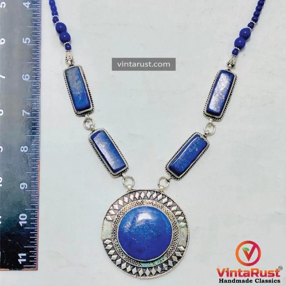 Blue Lapis Lazuli Pendant Necklace: Beaded Gemstone, Tribal Jewelry - Picture 10 of 13